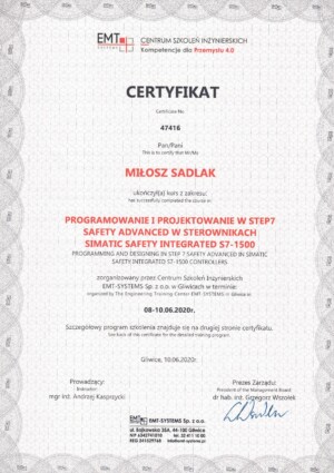 Сertificate S7 Safety Miłosz Sadlak