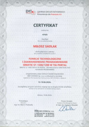 Сertificate S7 TIA Exp Miłosz Sadlak